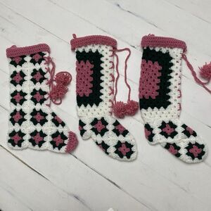 Vtg Handmade Lot of 3 Crochet Granny Square Christmas Stockings Green Pink White